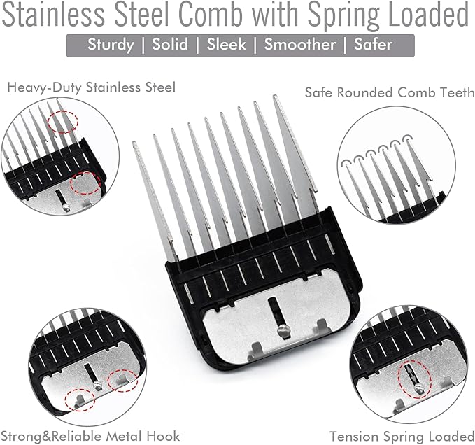 Professional A5 Style Animal Clipper Stainless Steel Color-Coded Snap-on Attachment Guard Guide Comb, 1/8"-1" Compatible with Wahl KM Series Oster A5 Andis Detachable Blade Pet Groomers (#7 - 7/8")