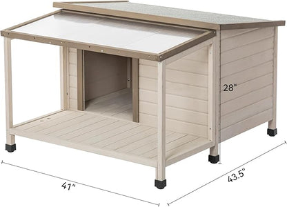 Wood Dog House Outside, Dog House with Open Roof and Terrace Durable Waterproof Doghouse for Small to Medium Dogs-Beige