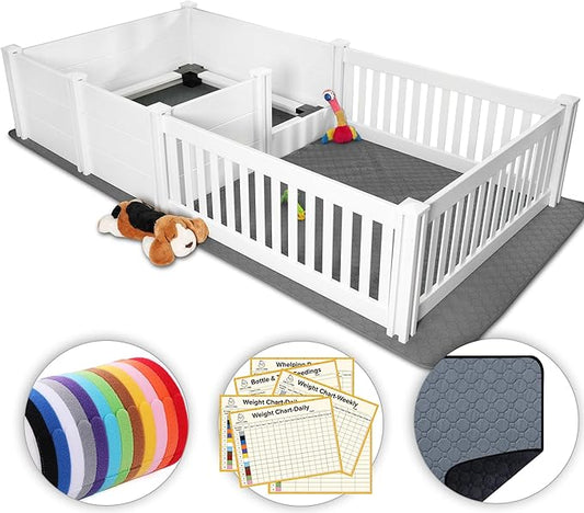 2 Room Whelping Box for Dogs and Puppies with Rails, 96" L x 48" W x 19" H, Suitable for Large/Extra Large Dogs, White