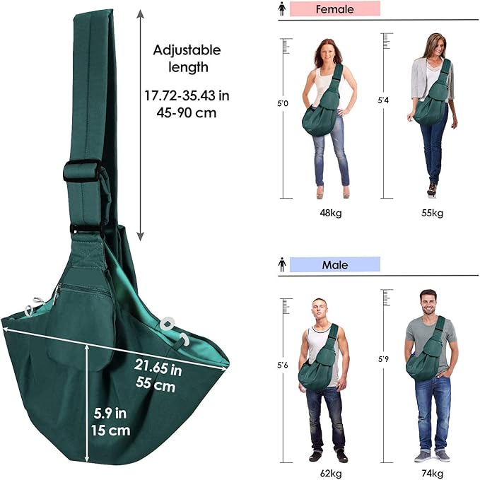 Dog Padded Papoose Sling, Small Pet Sling Carrier Hands Free Carry Adjustable Shoulder Strap Reversible Tote Bag with a Pocket Safety Belt Dog Cat Traveling Subway (5-12lbs, Green)