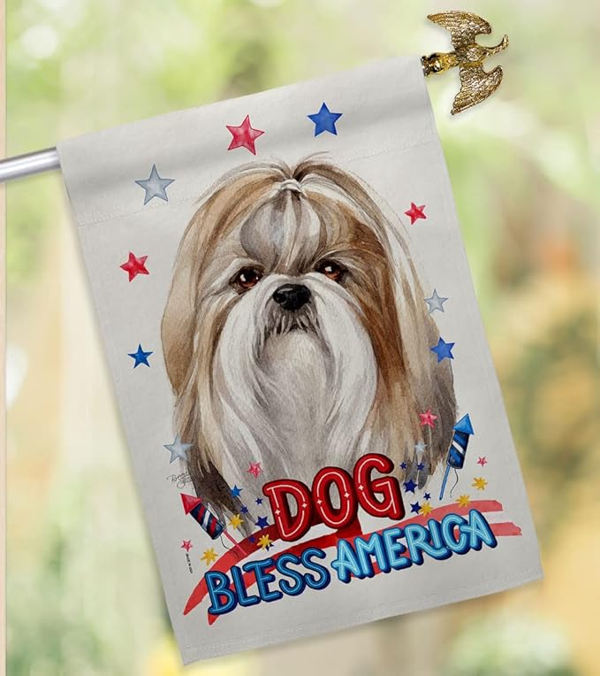Breeze Decor Patriotic Shih Tzu House Flag Eagle Set Dog Puppy Spoiled Paw Canine Fur Pet Nature Farm Animal Creature Decoration Banner Small Garden Yard Gift Double-Sided, Made in USA