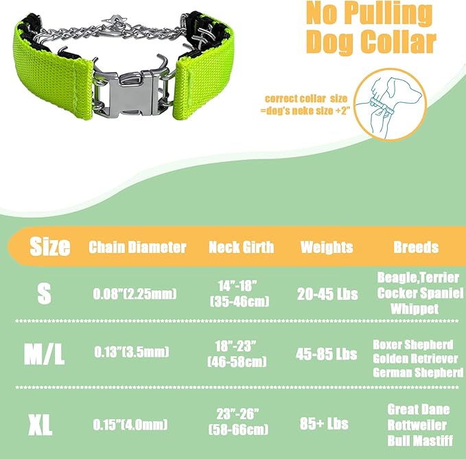 Prong Training Collar for Dogs, Adjustable Dog Pinch Collar with Quick Release Buckle, No Pull Collar for Small Medium Large Dogs, Extra Link and Caps (S (14-17" Neck, 2.25mm), Green)