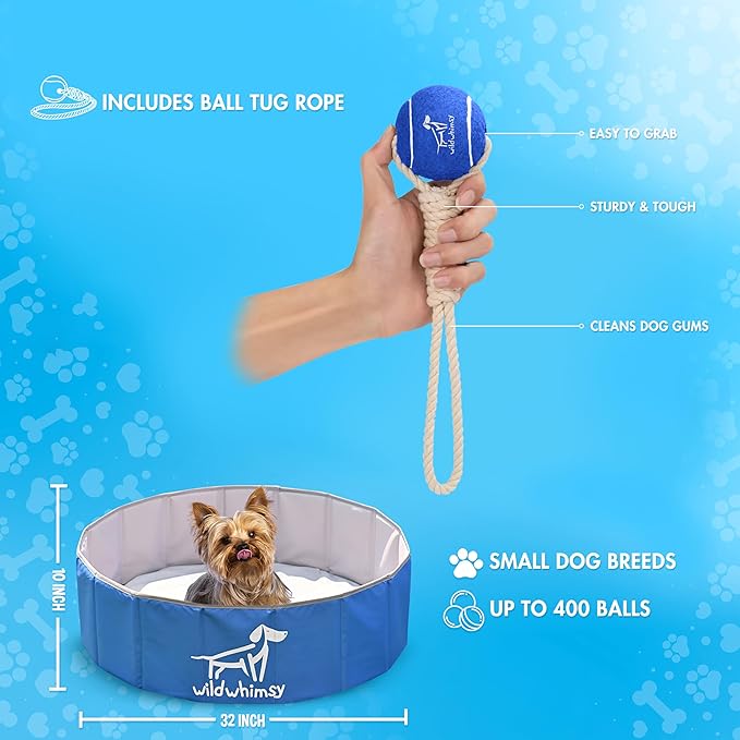 Wild Whimsy Dog Ball Pit - Combo Pack 32" Inch Small Foldable Ball Pit for Dogs with Rope Tug Ball Toy -Indoor Outdoor Playpen with Metal Reinforcement Ring - Storage Case Included