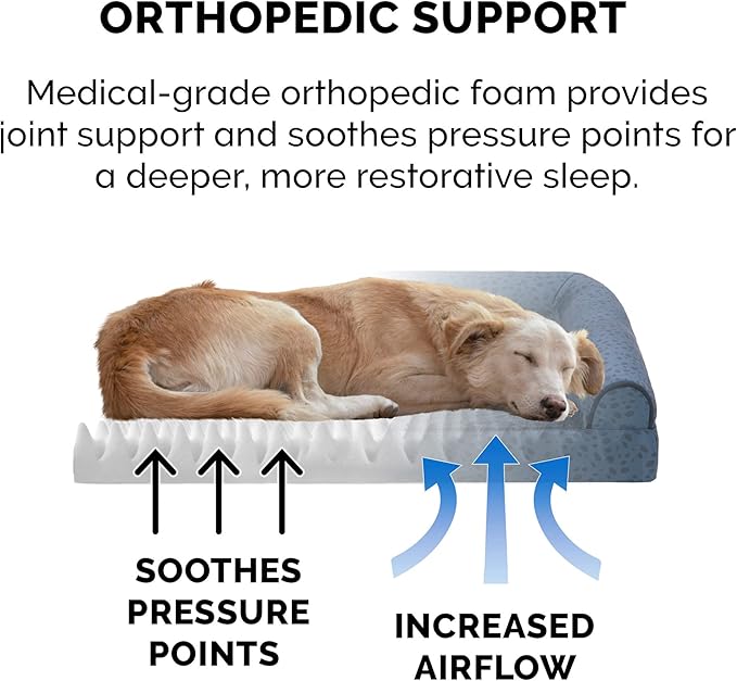 Furhaven Orthopedic Dog Bed for Large Dogs w/ Removable Bolsters & Washable Cover, For Dogs Up to 95 lbs - Plush & Almond Print L Shaped Chaise - Blue Almonds, Jumbo/XL