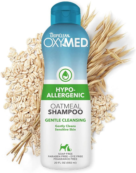 TropiClean OxyMed Hypoallergenic Dog Shampoo for Allergies and Itching, Skin Soothing Shampoo for Pets with Sensitive Skin, Tearless, Cat Safe, 20oz.