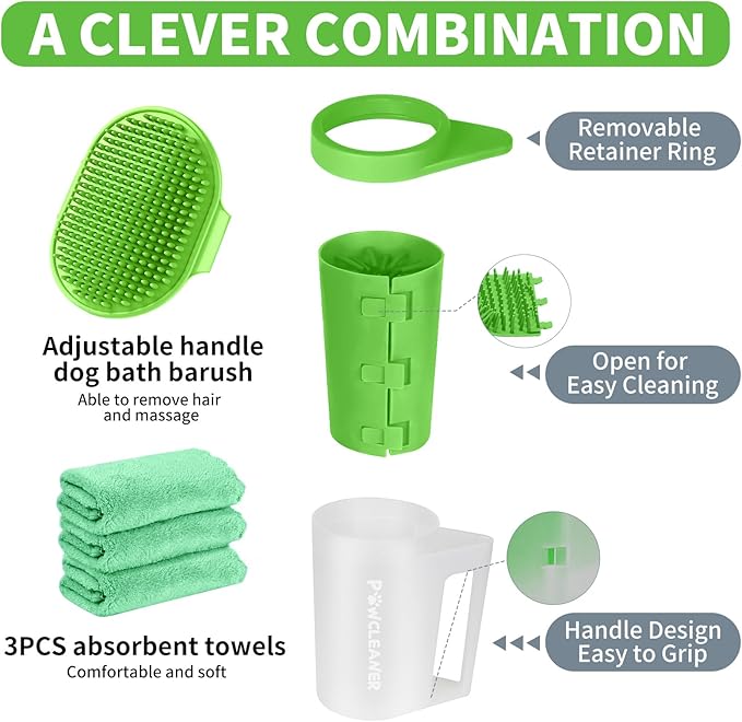 Paw Cleaner with Handle, Absorbent Towels & Adjustable Bath Brush for Medium Dogs (Buddy Muddy Pet Foot Washer, Green)