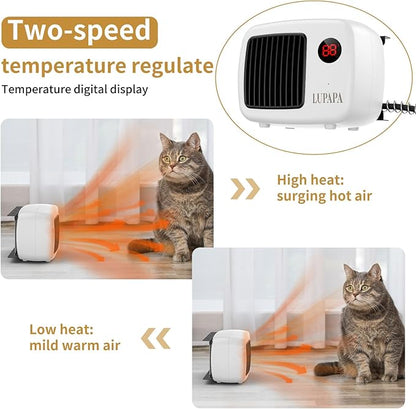 Thermostatic Dog House Heater with Anti-Bite Wires, Wall-Mounted Pet Heater with 2 Wind Speed Modes (300W/600W), Suitable for Pet House Stoves for Dogs Cats Chickens Hamsters