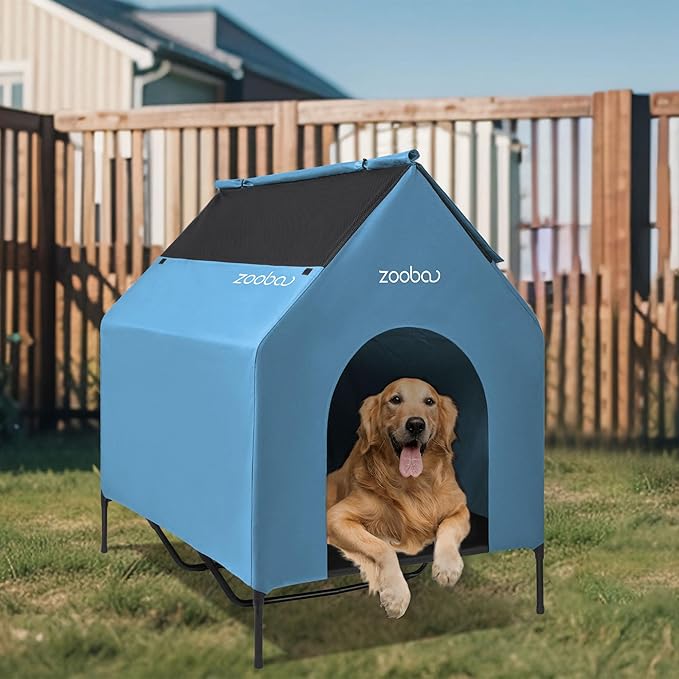 X-Large 48" Dog House - Weatherproof PVC, Elevated Cooling Bed, Easy to Clean (Blue)