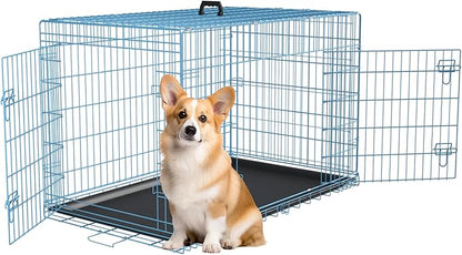 FDW 30 inch Dog Crate Dog Kennel Cage with Double Door Folding Metal Wire Dog Cage with Removable Tray&Divider Panel,Pet Crate for Medium Dogs,Blue