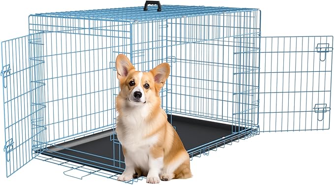 FDW 30 inch Dog Crate Dog Kennel Cage with Double Door Folding Metal Wire Dog Cage with Removable Tray&Divider Panel,Pet Crate for Medium Dogs,Blue