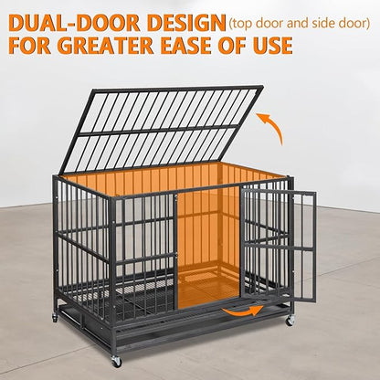 48 “ Heavy Duty Dog Crate, Cage Kennel with Wheels&Brakes, High Anxiety Indestructible, Sturdy Locks Design, Double Door and Removable Tray, for Large Pets