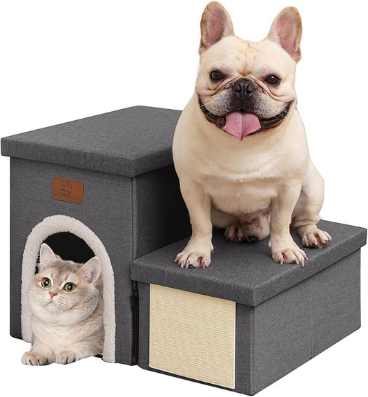 downluxe Dog Stairs for Small Dogs, Foldable Dog Steps for Bed, Sofa and Chair, Non-Slip Pet Steps with Cat Scratcher and Condo (2-Step Pet Stairs, Dark Grey)