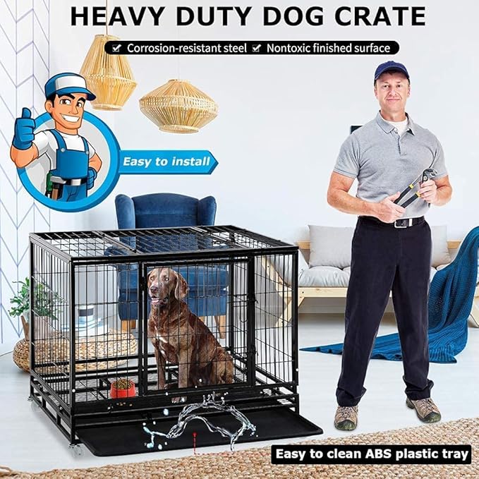 FDW Dog Crate Dog Cage Dog Kennel for Large Dogs Heavy Duty 36 Inches Pet Playpen for Training Indoor Outdoor with Plastic Tray Double Doors & Locks Design