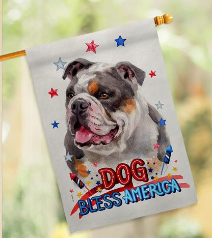 Breeze Decor Patriotic Merle Bulldog House Flag Pack Dog Puppy Spoiled Paw Canine Fur Pet Nature Farm Animal Creature Applique Banner Small Garden Yard Gift Double-Sided, Made in USA