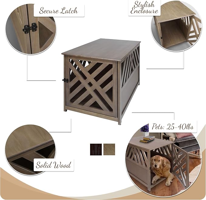 Casual Home Modern Lattice Wooden Pet Crate End Table - Espresso, Lockable, Spacious, Comfortable, Dog