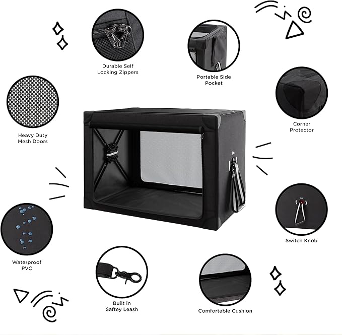 Travel Dog Crate - 37 Inch Collapsible Portable Foldable Crates for Large Dogs with Detachable Storage Bag, Removable Pad, and Mesh Windows for Outdoor & Indoor (Black)