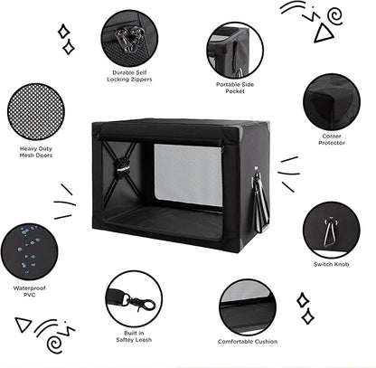 Travel Dog Crate - 37 Inch Collapsible Portable Foldable Crates for Large Dogs with Detachable Storage Bag, Removable Pad, and Mesh Windows for Outdoor & Indoor (Black)