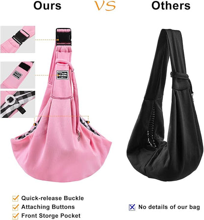 Surblue Dog Sling Carrier Bag with Hands Free Reversible Belts,Safe Comfortable Adjustable Crossbody Shoulder Outdoor Travel Pet Tote Suitable for Small Pet Cat Puppy up to 12 lb (New) (Buckle Pink)