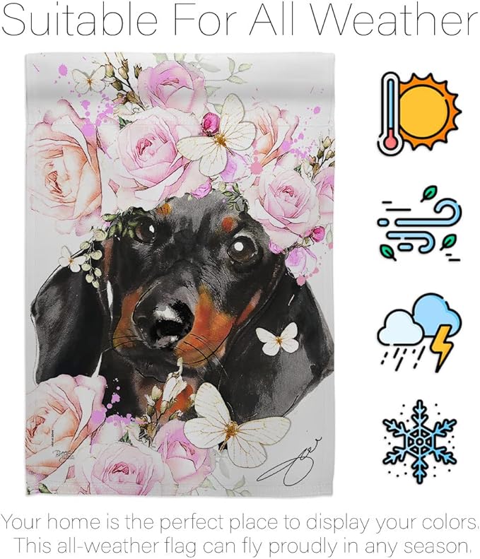 Breeze Decor Dachshund Floral House Flag Set Dog Puppy Spoiled Paw Canine Fur Pet Nature Farm Animal Creature Decoration Banner Small Garden Yard Gift Double-Sided, Made in USA