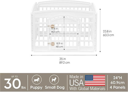 IRIS USA 24" 4-Panel Dog Playpen with Door, 35 x 35 x 24, Puppy Playpen, Dog Play Pen Indoors, Pet Fence, Small Pets, White