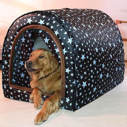2 in 1 Extra Large Pet Winter House Convertible to Bed with Warm Cushion Mat, 2 Way Indoor Outdoor Portable Dog Kennel, Removable Washable Cover (2XL Starry Sky)