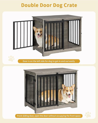 Dog Crate Furniture, 32" Double Door Dog Crate with Barn Door, Dog Kennel Indoor, End Side Table Wooden Dog Crates for Small Medium Large Dogs, Anti-Chew Anti-Escape, Greige DFC83605B