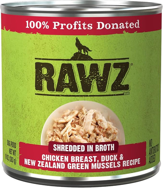 Rawz - in Broth Canned Adult Dog Food (Shredded Chicken in Broth) with New Zealand Green Mussels - 12 Cans -10 OZ Cans (Chicken&Duck-Shredded)