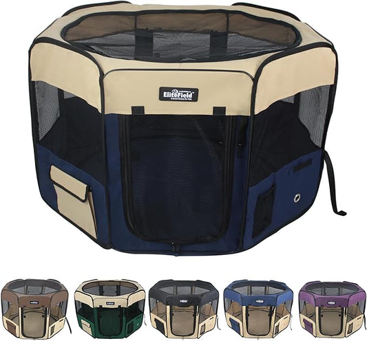 EliteField 2-Door Soft Pet Playpen (2 Year Warranty), Exercise Pen, Multiple Sizes and Colors Available for Dogs, Cats and Other Pets (36" x 36" x 24"H, Beige+Navy Blue)