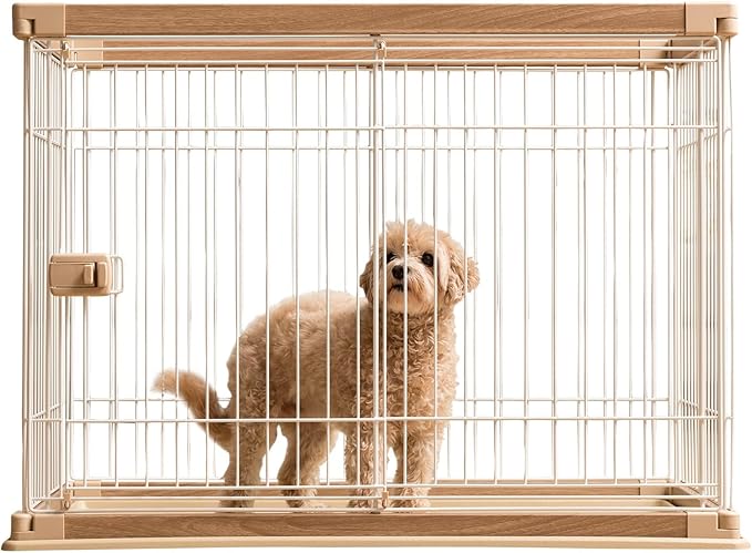 USA Medium Dog Crate, Dog Kennel Indoor with Sliding Door & Bottom Tray, Dog Cage, Wire Pet Pen with Bottom Tray, Stylish Wood-Like Trim, Light Brown