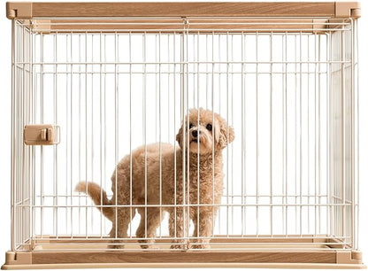 USA Medium Dog Crate, Dog Kennel Indoor with Sliding Door & Bottom Tray, Dog Cage, Wire Pet Pen with Bottom Tray, Stylish Wood-Like Trim, Light Brown