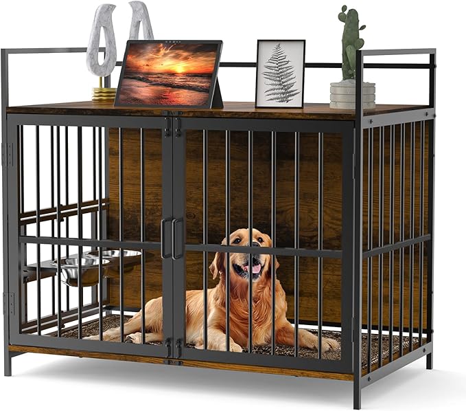 ROOMTEC Dog Crate Furniture-Style Cages for Large Dogs Indoor Heavy Duty Super Sturdy Dog Kennels with 2 Stainless Steel Bowls (48Inch = Int.dims: 46" W x 29" D x 35.5" H)
