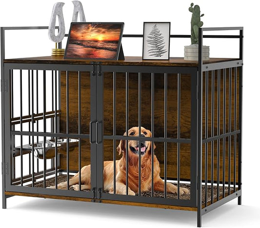 ROOMTEC Dog Crate Furniture-Style Cages for Large Dogs Indoor Heavy Duty Super Sturdy Dog Kennels with 2 Stainless Steel Bowls (48Inch = Int.dims: 46" W x 29" D x 35.5" H)