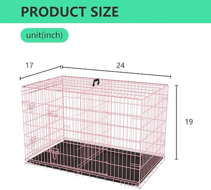 FDW 24 inch Dog Crate Dog Kennel Cage with Double Door Folding Metal Wire Dog Cage with Removable Tray&Divider Panel,Pet Crate for Small Dogs,Pink