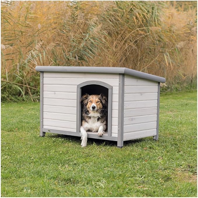 Trixie Natura Classic Dog House– Outdoor Dog House for Medium Dogs with Weatherproof Sealer & Hinged Roof, Wooden Dog House with Adjustable Legs for Medium Dogs in Grey – 27 x 41 x 28.5 in