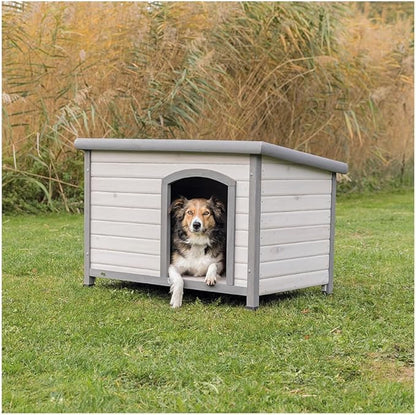 Trixie Natura Classic Dog House– Outdoor Dog House for Medium Dogs with Weatherproof Sealer & Hinged Roof, Wooden Dog House with Adjustable Legs for Medium Dogs in Grey – 27 x 41 x 28.5 in
