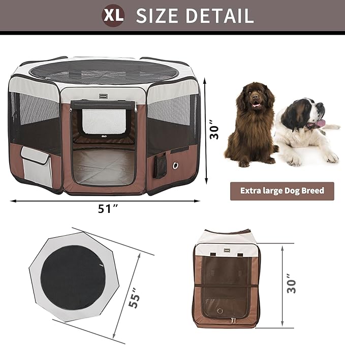 DONORO Dog Playpen 55" Portable Pet Play Pens for Medium Large Dogs, Foldable Exercise Kennel Tent Crate Indoor/Outdoor Travel Camping, Removable Top/Bottom (55"x55"x30"), 8