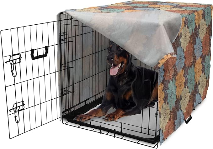 Lunarable Floral Dog Crate Cover, Blossoming Flowers Pattern Botanical Garden Art Illustration Colorful Vintage Design, Easy to Use Pet Kennel Cover for Small Dogs Puppies Kittens, 42 Inch, Brown