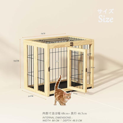 Wooden Folding Pet Cage Puppy Kennel & Cat Cage with Flippable Roof and Removable Tray, Indoor Dog Crate Furniture, Easy Assemble Easy Storing (M)