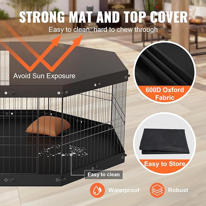 VEVOR Foldable Metal Dog Exercise Pen, Pet Playpen Dog Fence for Camping with Top Cover and Bottom Pad, 24" H 8 Panels, Puppy Crate Kennel Indoor Outdoor for Medium Dogs, Both for Home&Yard