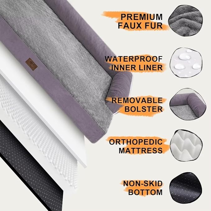 Orthopedic Large Dog Bed Washable, Orthopedic Dog Beds with Egg Foam Support, Removable, Machine Washable Plush Cover and Non-Slip Bottom for XXLarge Extra Large Dogs - Purple Dog Bed