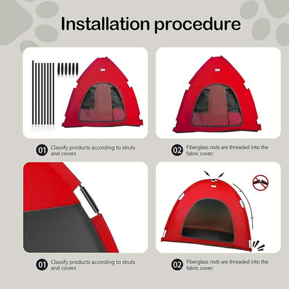 Red, Large Cat & Dog Waterproof Tent House - Washable Indoor/Outdoor Bed, Cave Nest for Small Pets