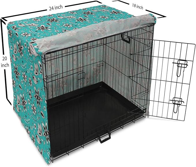 Lunarable Flower Dog Crate Cover, Abstract Monochrome Floral with Botanical Items, Easy to Use Pet Kennel Cover for Cats & Medium Dogs, 24 Inch, Seafoam Grey