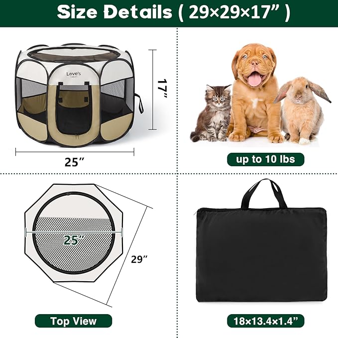 Love's cabin Pet Puppy Dog Playpen, Small Dog Tent Crates Cage Indoor/Outdoor, Portable Playpen for Cat, Foldable Pop Up Dog Kennel Playpen with Carring Case, Removable Zipper Top, Khaki
