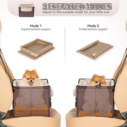 PETSFIT Car Seat for Dogs, Waterproof PU Leather Dog Car Seat for Small Dogs with Patented Safe Buckles, Clip-On Leash, Pet Travel Carrier Bed for Small Pets Up to 25lbs (Brown)