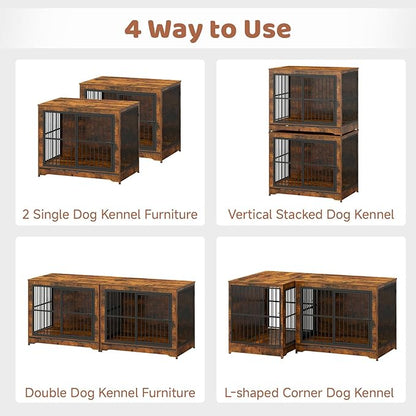 86 Inch Double Dog Crate Furniture with Divider, Large Dog Kennel Furniture for 2 Dogs with 4 Combination Forms, Brown Corner Dog Crate for Small Medium Large Dogs