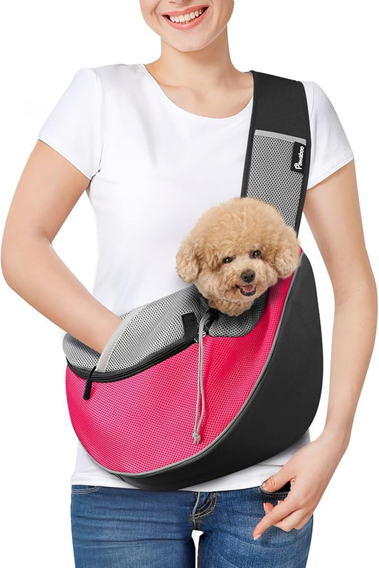Pawaboo Dog Sling Carrier, Dog Papoose with Zipper Touch Pocket, Hand Free Breathable Mesh Puppy Carrier, Crossbody Satchel Dog Purse with Adjustable Strap for Outdoor Travel, Pink, Medium
