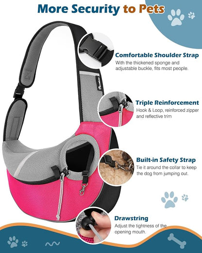 Pawaboo Dog Sling Carrier, Dog Papoose with Zipper Touch Pocket, Hand Free Breathable Mesh Puppy Carrier, Crossbody Satchel Dog Purse with Adjustable Strap for Outdoor Travel, Pink, Small