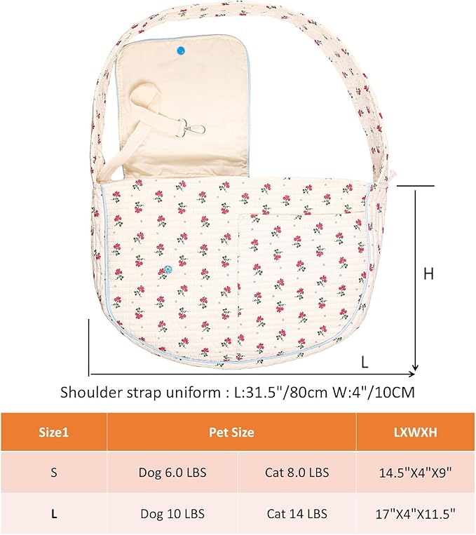 Flower Pet Sling Carrier for Small Dogs and Cats, Breathable Cotton Cats Carrier Purse，Floral Print Puppy Carrier Bag 3-10 Lbs, Hand Free Travel Chest Dog Purse, Gifts for Dog Mom Girls（White, Small