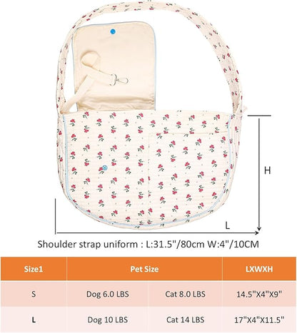 Flower Pet Sling Carrier for Small Dogs and Cats, Breathable Cotton Cats Carrier Purse，Floral Print Puppy Carrier Bag 3-10 Lbs, Hand Free Travel Chest Dog Purse, Gifts for Dog Mom Girls（White, Small