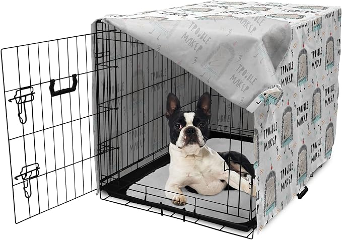 Lunarable Cartoon Dog Crate Cover, Hedgehog Trouble Maker Lettering with Apple and Stars Bad Boy Print, Easy to Use Pet Kennel Cover for Small Dogs Puppies Kittens, 22 Inch, Pearl Pale Blue